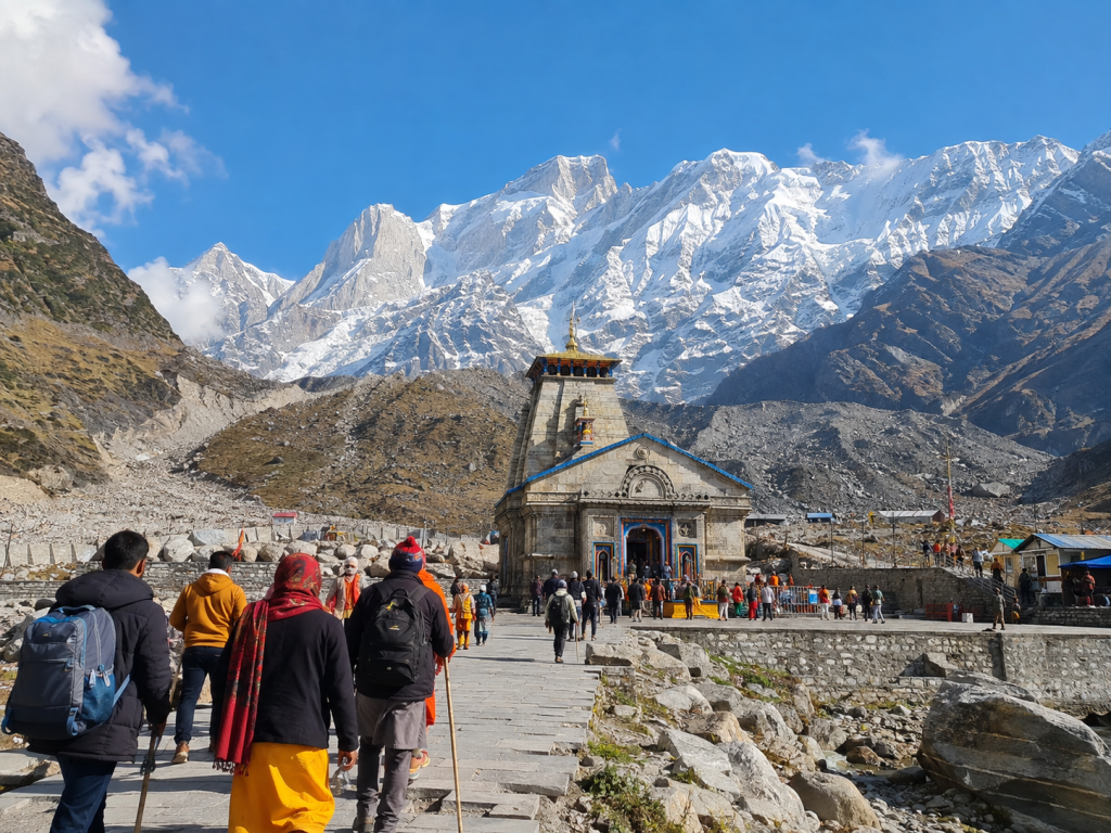 Pilgrims approaching Kedarnath Temple during the Kedarnath Yatra