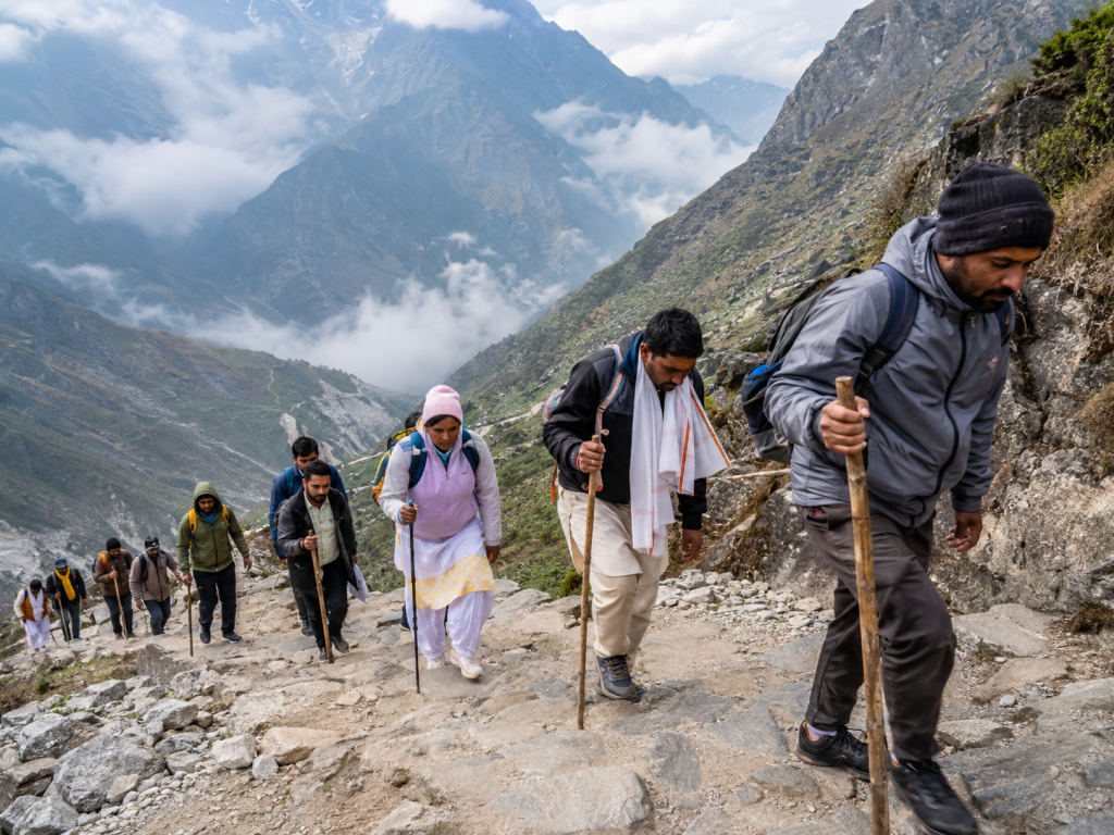Pilgrims walking on the Kedarnath trek route