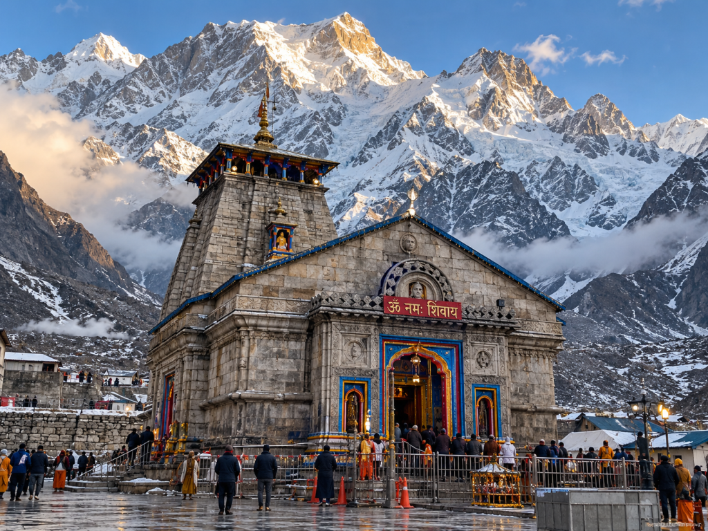 Kedarnath Temple surrounded by the towering Himalayan mountains.