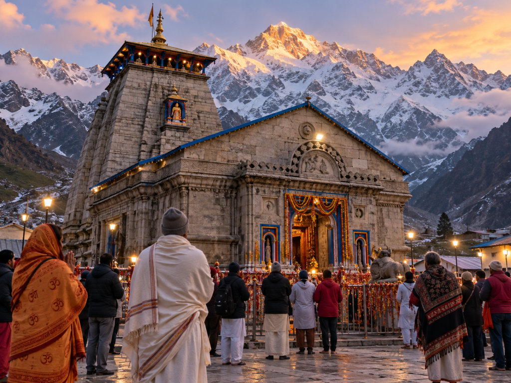 Pilgrims standing peacefully near Kedarnath Temple during the early morning or evening.