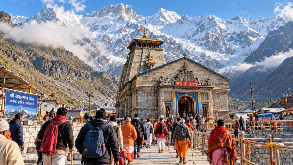 First Kedarnath Yatra pilgrims approaching Kedarnath Temple