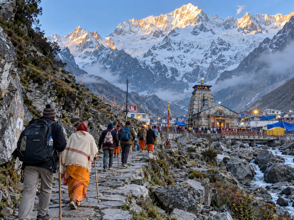 Pilgrims walking through the Himalayan landscape towards Kedarnath.