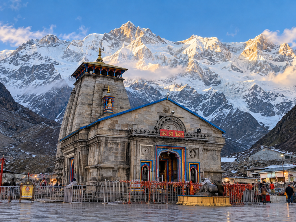 Kedarnath Temple surrounded by the Himalayan mountains